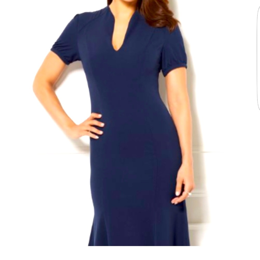 NWT Eva Mendes for NY & Co Navy Blue Asymmetrical Midi Dress - Size Large